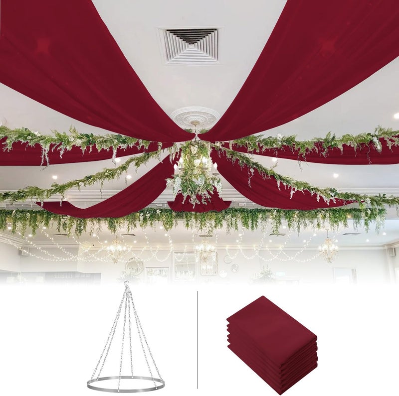 ROMANKAS Wedding Ceiling Drapes Burgundy Ceiling Draping Hanging Kit 6 Panels 5x10ft with 12 Inch Ceilings Drape Hoop Ring Kit Ceiling Draping Curtains Ceiling Drapes for Parties Wedding Decor - Image 1